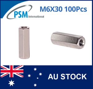 M6 X 30 PSM SPACER HEX FEMALE / FEMALE BRASS NICKEL PLATED SPA01BM630MM 100PCS - Picture 1 of 5