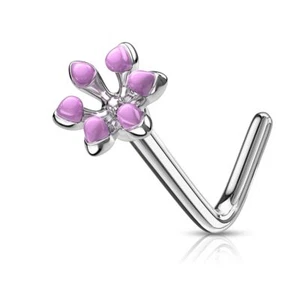 Piercing Nose Rod/Stem End Long Arm L Shaped Flower Enamelled Purple - Picture 1 of 1