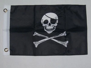 NEU 12x18 PIRAT MIT AUFNÄHER BOOTSFLAGGE DOPPELSEITIGER SCHÄDEL & KNOCHEN JOLLY ROGER - Bild 1 von 4