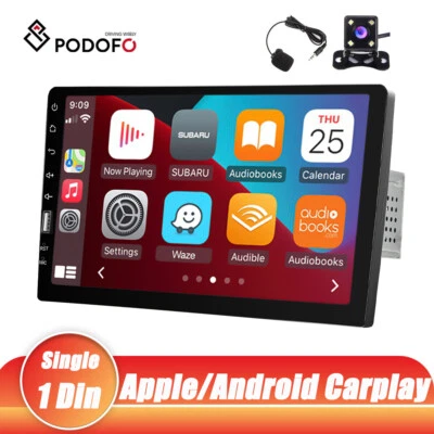 PODOFO Single 1Din 9" Apple/Android Carplay Car Radio FM Touch Screen Bluetooth +Camera