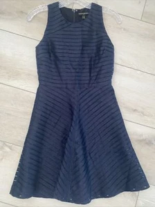 BANANA REPUBLIC Navy Blue Sheer Stripe Fit & Flare Dress US 00 Petite EUC - Picture 1 of 4