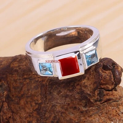 Piedra preciosa de ónix rojo natural con anillo de plata enchapado en oro blanco de 18k para hombre #1877 Foto 1 de 4