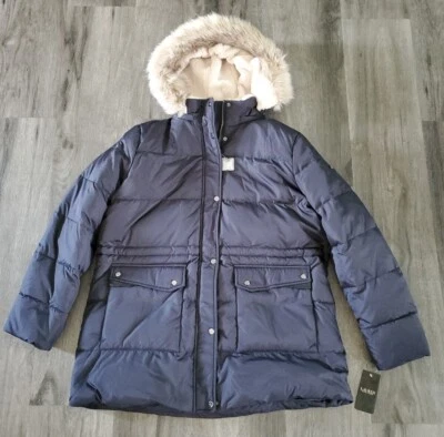 Lauren Ralph Lauren Xxl New Dark Navy Blue Long Puffer Down Jacket Coat Faux Fur - Image 1 of 4