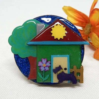 MIXED MEDIA HOUSE & DOG PIN, ECHO & HARA COLLECTIBLE PIN/ BROOCH - Image 1 of 3
