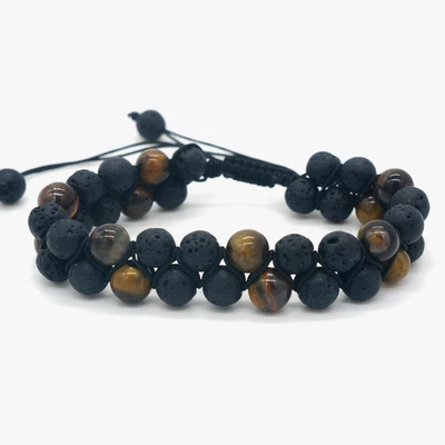 Brazalete de piedras preciosas ojo de tigre roca lava doble hilo para hombre - energía curativa Foto 1 de 2