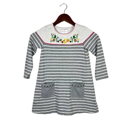 Hanna Andersson Sz 5 Gray & White Stripe Floral Long Sleeve A-line Sweater Dress - Image 1 of 4