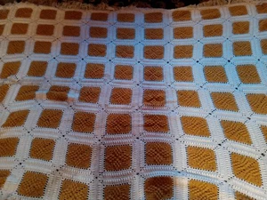 VTG Granny Square Blanket Bed throw Crotcheted 72”x 105” Approx. Gold & White  - Picture 1 of 9