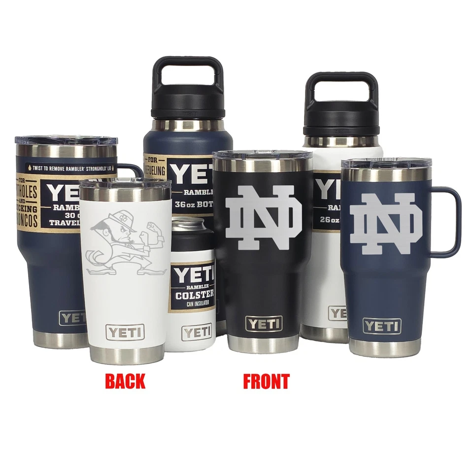 NOTRE DAME Fighting Irish YETI 激光雕刻水杯、马克杯、彩色器和瓶子 — 第 1/3 张图片