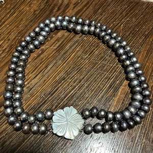 black pearl double strand necklace Choker hibiscus Clasp - Bild 1 von 4