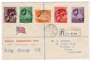 SEYCHELLES 1938 ILLUSTRATED REGD BAY ST ANNE PRASLIN COVER WITH FIVE KGVI DEFINS - Picture 1 of 1