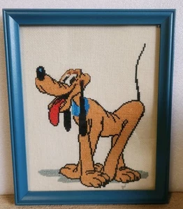 Pluto Disney Finshed Cross Stitch Framed Crossed Legs Blue Collar Tail Up - Picture 1 of 1