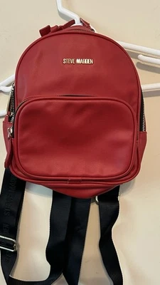 Steve Madden Mini Backpack Logo Bag Zip Closure Red Black Embossed Fringe Fob - Image 1 of 4