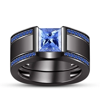 Juego de anillos de compromiso nupciales de zafiro creados en laboratorio princesa de 2 quilates de oro negro de 14 quilates FN Foto 1 de 3