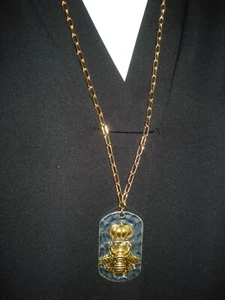 Sparkling Queen Bee Tag Pendant on 30" Gold Plate Paperclip Style Chain Necklace - Picture 1 of 9