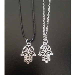 Hamsa Hand Fatima Protection Charm Pendant Genuine Leather Link Necklace Chain  - Bild 1 von 4