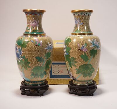 Paar Große Cloisonné Asiatika Emaille Metall Vasen Schmetterlinge Blumen Mit OVP • 109€