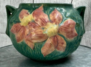 Vintage Roseville Pottery 455-4 Planter Bowl Blue w/ Dark Pink Clematis = - Picture 1 of 8