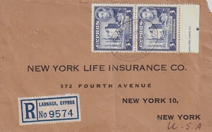 CYPRUS GEORGE VI 1948 REGISTERED COMMERCIAL COVER FROM LARNACA TO NEW YORK, USA - Picture 1 of 4