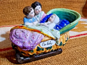 FIGURAL VICTORIAN GERMAN FRENCH PORCELIN "OUR BABY" BASSINET SLEIGH INKWELL RARE - Picture 1 of 16