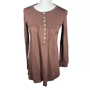 Tresics Tunic Top Popover Button Long Sleeve Babydoll Flowy Cotton Brown Medium - Picture 1 of 7