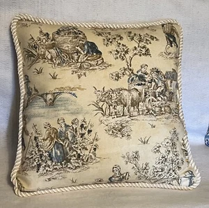French Country Cottage Pillow Farmhouse Yellow Ivory Blue Brown Toile - Picture 1 of 4