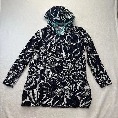 Title Nine Cover Up Women’s L Navy White Tropical Mesh Long Sleeve Hooded Tunic - Image 1 of 4