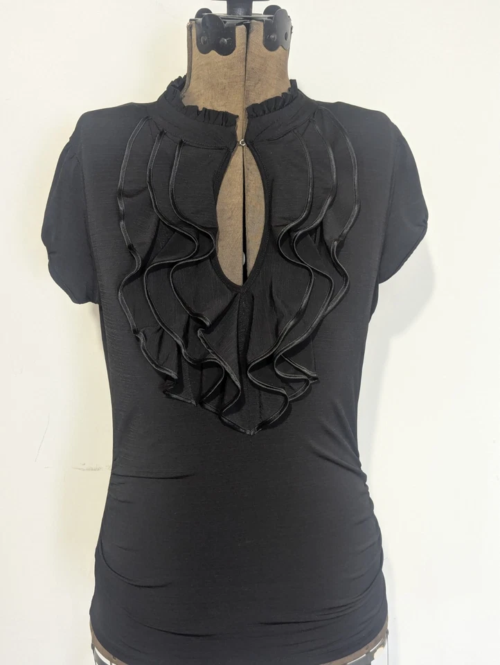 Elegant Ruffle Front Blouse Size L Keyhole Neck Puff Sleeve Office Evening Dress - Image 1 of 4