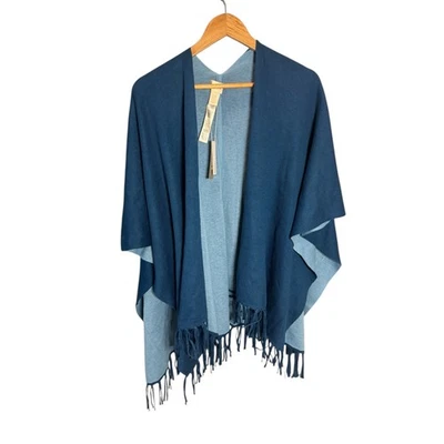 Chicos Collection Blue Reversible Fringe Two Tone Poncho OS - Image 1 of 4