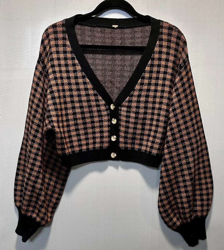 Cárdigan Recortado Free People Maeve Cuadros Negro y Marrón Talla M ver descripción Foto 1 de 4