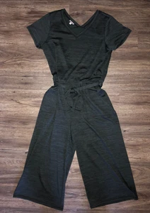 T by Talbots Marled Jersey Romper Green Large Pockets Belted V Neck Wide Leg - Picture 1 of 10
