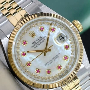 ROLEX MENS DATEJUST TWO-TONE WHITE DIAL 18KY GOLD FLUTED BEZEL 36MM WATCH 16013 - Picture 1 of 22
