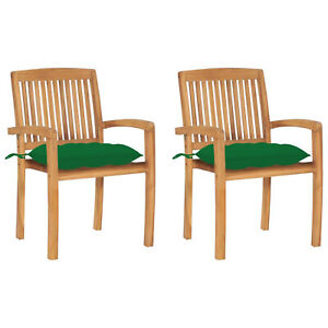 Tidyard 2 Piece Garden Chairs with Green Cushion Set Teak Wood Stacking  I6D3