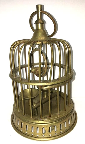 Brass Birdcage Bird on Swinging Perch Food Bowls Vintage Door that Opens Petite Cover