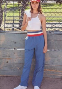 NWT XS $128 Free People Early Riser Track Pants Wide Leg Striped Waist Rib Blue - Picture 1 of 2