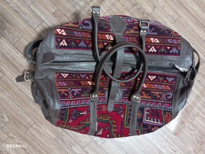 Handmade Afghan Wool Rug Travel Bag | Vintage Leather Duffle Handbag | Tribal Ca - Image 1 of 4