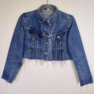 Vintage Denim Jacket Womens 13 14 Ms Lee Trucker Cut Off Crop 90s USA Made - Picture 1 of 11
