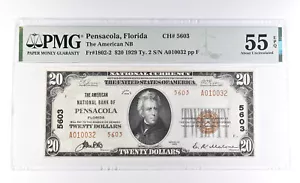 1929 $20 Pensacola FL American Nat'l Bank Ch#5603 Fr#1802-2 55 AU EPQ PMG *0948 - Picture 1 of 3