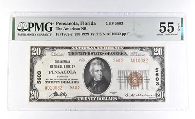 1929 $20 Pensacola FL American Nat'l Bank Ch#5603 Fr#1802-2 55 AU EPQ PMG *0948 - Image 1 of 3