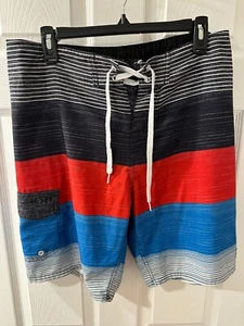 Rusty Men’s Boardshorts Size 33 Blue Red Stripe Surf Swim Trunks - Picture 1 of 4
