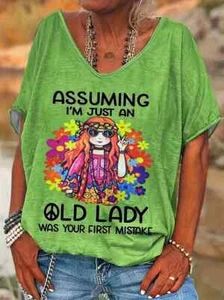 Damen Grafikdruck V-Ausschnitt T-Shirt "OLD LADY" Smaragdgrün Übergröße 4XL (20) - Bild 1 von 4