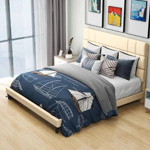 King/Queen Bed Frame Linen Fabric Upholstered Platform with Headboard Beige Grey - Picture 1 of 13