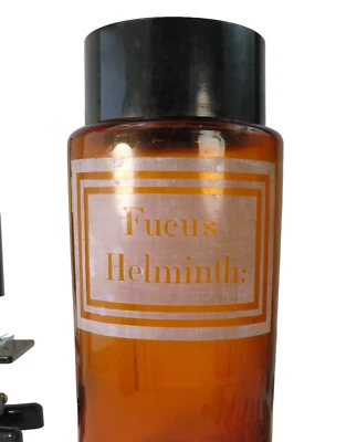 Flacon d'Apothicaire ou pot à pharmacie Ancien en verre fumé FUCUS HELMINTH: - Photo 1/4