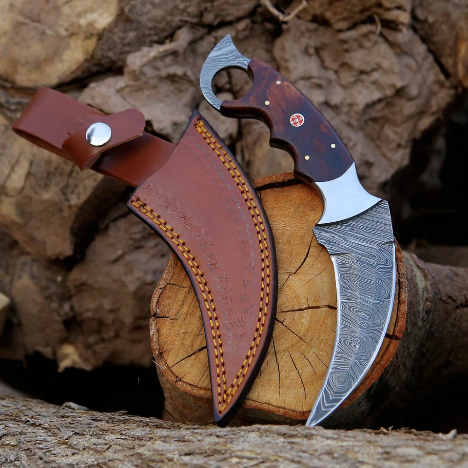 Cuchillo desollador de caza Karambit de acero Damasco con mango de palo de rosa cuchillo de camping Foto 1 de 4