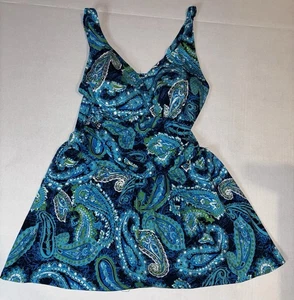 D & Co Beach Sz 12 Ruched Flounce Swim Dress Aqua Green Paisley Bathing Suit - Picture 1 of 11