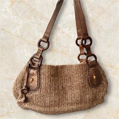 Bolso Fossil Vintage Cartera de Arpillera con Acentos de Madera - Boho - Grannycore - Usado  Foto 1 de 4