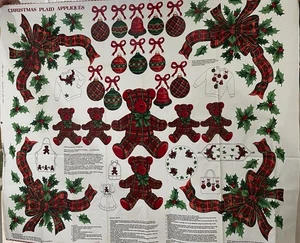 Vintage Christmas Plaid Red Green Traditional Bears Bows Holly Cotton Appliqués - Picture 1 of 2