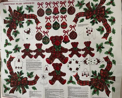 Vintage Christmas Plaid Red Green Traditional Bears Bows Holly Cotton Appliqués - Image 1 of 2