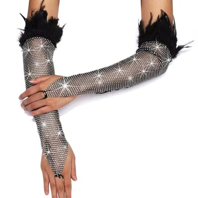 Guantes largos de pluma con estrás sin dedos guantes largos de red negros para mujer  Foto 1 de 4