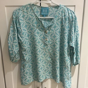 Escapada Extra Small Turquoise & White 3/4 Sleeve Shirt Spring Button Sleeves - Picture 1 of 9