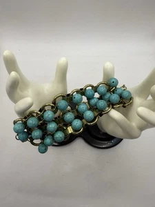 Vintage Turquoise Cabochon Brass Bracelet-Natural Stones Turquoise Cuff - Picture 1 of 9